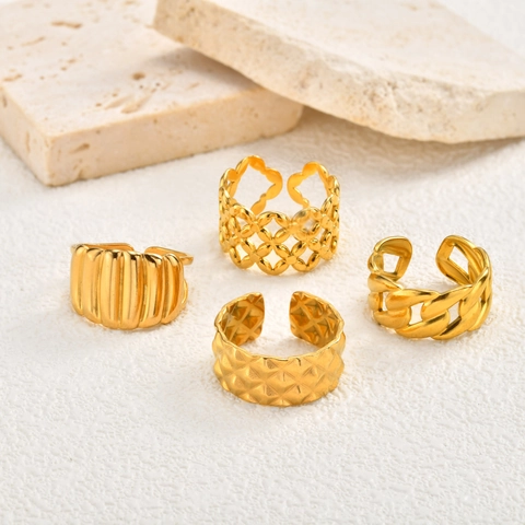 Vintage Stainless Steel Quilted Open Ring For Women Adjustable Geometric Chunky Gold Plated Finger Ring Fashion Jewelry