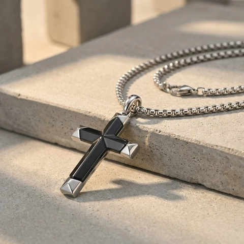 Edelstahl Kreuz Anhänger Halskette Mit Schwarzer Achat Punk Industrie Religiöser Schmuck Für Herren Damen Täglich