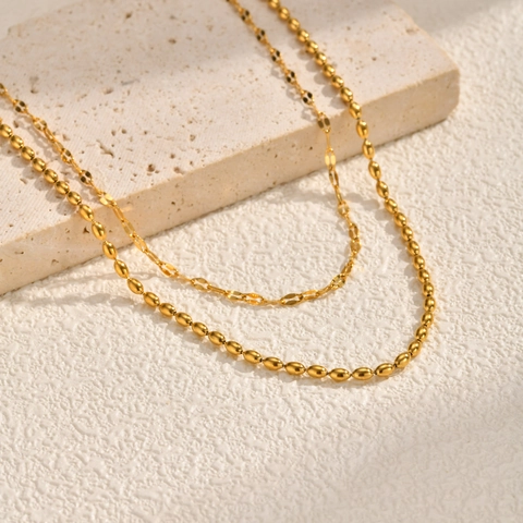 Double Layered Stainless Steel Necklace Gold Plated Olive Bead Chain Minimalist Chic Choker Jewelry For Women Gift Accessory