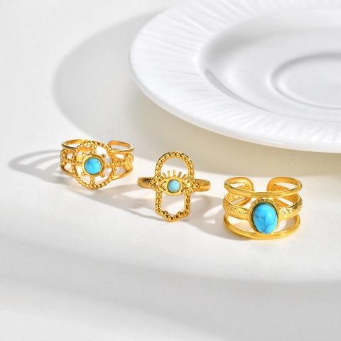 Bohemian Stainless Steel Turquoise Open Ring For Women Vintage Evil Eye Mandala Sun Pattern Adjustable Retro Jewelry Ring