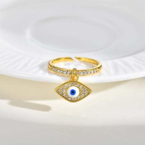 Boze Oog Hangende Open Ring Voor Vrouwen Koper Zirconia Vergulde Verstelbare Vingerring Mode Sieraden Trendy Cadeau
