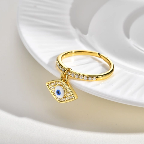 Boze Oog Hangende Open Ring Voor Vrouwen Koper Zirconia Vergulde Verstelbare Vingerring Mode Sieraden Trendy Cadeau
