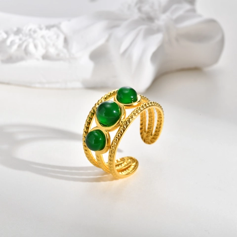 Vintage Edelstahl Gedrehtes Seil Offener Ring Für Damen Vergoldet Böhmisch Dreilagig Grün Strass Verstellbarer Fingerschmuck