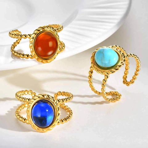 Anello Aperto in Acciaio Inossidabile Bohemien per Donna Vintage Placcato Oro Fascia Perlata Regolabile Resina Turchese Ambra