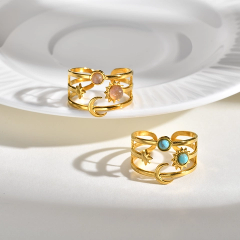 Edelstahl Offener Ring Für Frauen Himmlisch Stern Mond Sonne Dreischichtig Türkis Strass Verstellbarer Mode Ring