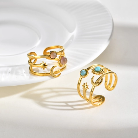 Edelstahl Offener Ring Für Frauen Himmlisch Stern Mond Sonne Dreischichtig Türkis Strass Verstellbarer Mode Ring