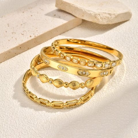 Edelstahl Leichter Luxus-Nische Strass Böser Blick Muschel Offener Armreif Für Damen Gold Galvanisiert Mode Handschmuck
