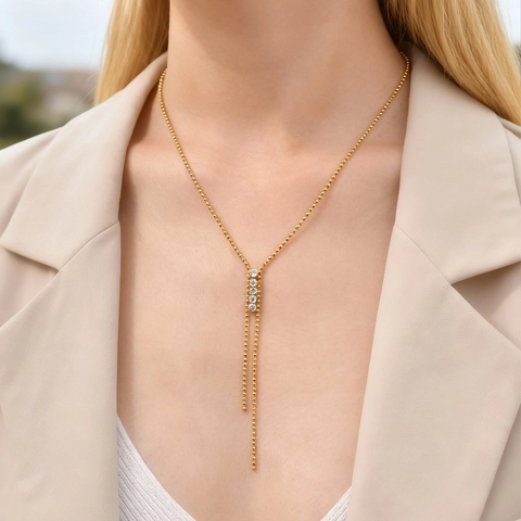 Elegante Edelstahl Y-Förmige Quaste Halskette Für Damen Vergoldete Kugelkette Mit Strass Anhänger Mode Schmuck