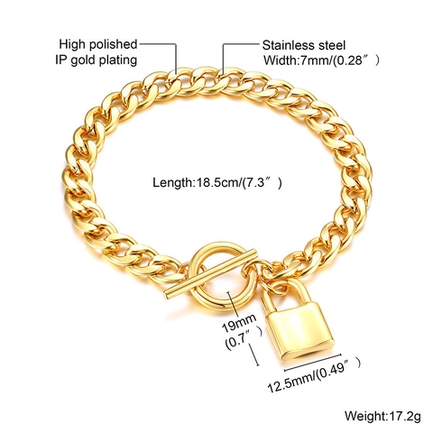 Bracciale in Acciaio al Titanio Oro Catena Curb per Donna Con Ciondolo a Lucchetto Chiusura Toggle Moda Pendolare Gioielli Metallo