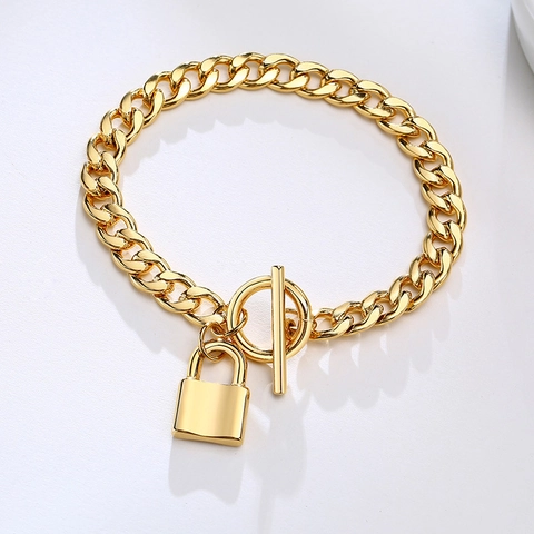 Bracciale in Acciaio al Titanio Oro Catena Curb per Donna Con Ciondolo a Lucchetto Chiusura Toggle Moda Pendolare Gioielli Metallo