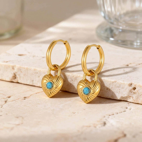 Set di Collana e Orecchini Vintage in Acciaio Inossidabile con Lucchetto a Cuore Pietra Turchese Placcato Oro Gioielli per Donna