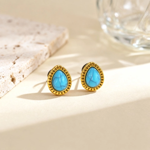 Pendientes de Botón Vintage Bohemio de Acero Inoxidable con Turchese en Forma de Gota para Mujer Dorado Patrón Rayos de Sol Joyería