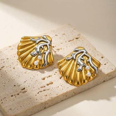 Pendientes de Botón de Concha de Acero Inoxidable para Mujer Con Perla Artificial Diseño de Rama de Coral Tono Dorado Joyería
