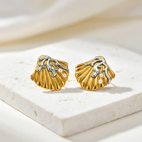 Pendientes de Botón de Concha de Acero Inoxidable para Mujer Con Perla Artificial Diseño de Rama de Coral Tono Dorado Joyería