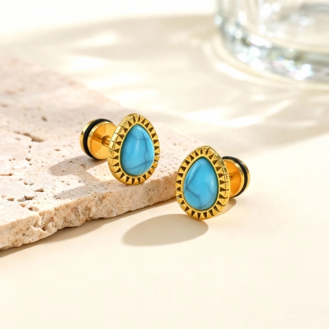 Pendientes de Botón Vintage Bohemio de Acero Inoxidable con Turchese en Forma de Gota para Mujer Dorado Patrón Rayos de Sol Joyería