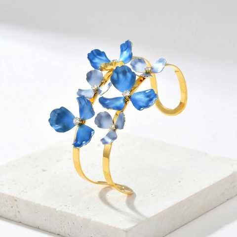 Brazalete de Acero Inoxidable Con Flor Azul 3D para Mujer Chapado en Oro Doble Capa Brazalete Abierto Estrás Esmalte Joyería