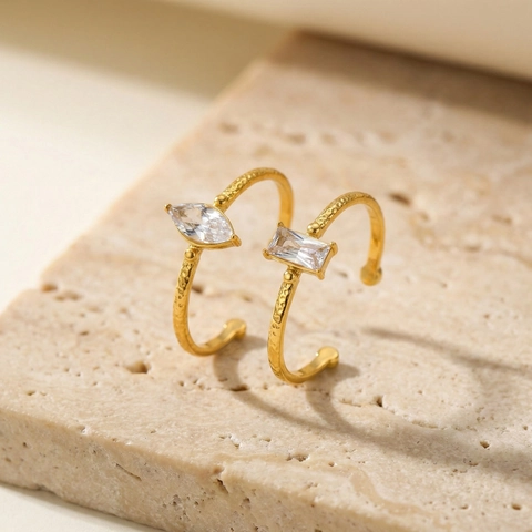 Minimalistische Roestvrij Staal Open Ring Voor Vrouwen Goud Gehamerd Textuur Verstelbaar Rechthoekig Marquise Zirconia Sieraden
