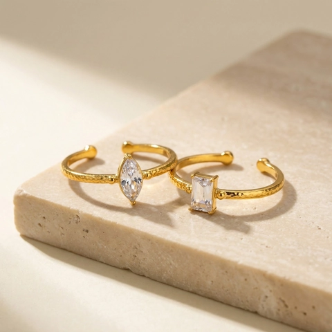 Minimalistische Roestvrij Staal Open Ring Voor Vrouwen Goud Gehamerd Textuur Verstelbaar Rechthoekig Marquise Zirconia Sieraden