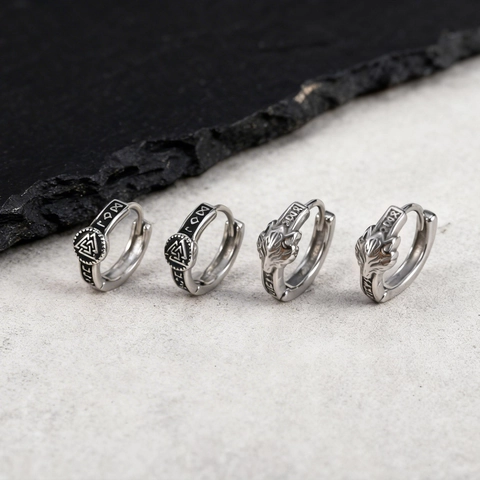 Roestvrijstalen Heren Viking Oorbellen Wolfskop Reliëf Valknut Runen Retro Punk Gotische Noordse Mythologie Sieraden Voor Mannen