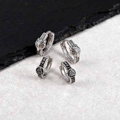 Roestvrijstalen Heren Viking Oorbellen Wolfskop Reliëf Valknut Runen Retro Punk Gotische Noordse Mythologie Sieraden Voor Mannen
