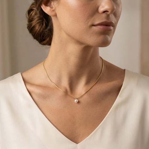Minimalistische Edelstahl Vergoldete Schlangenkette Halskette Mit Runder Künstlicher Perle Anhänger Elegant Damen Schmuck