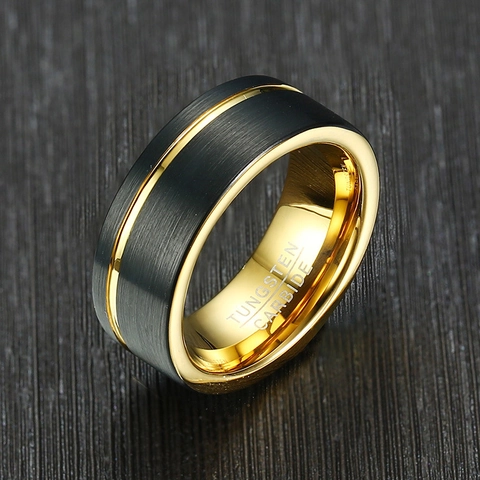Tungsten Carbide Ring For Men Black Brushed Finish With Gold Groove Interior Polished Comfort Fit Wedding Band Fashion Jewelry