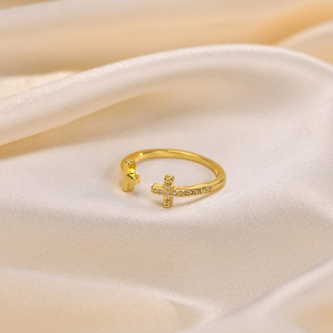 Mode Kupfer Doppelkreuz Offener Verstellbarer Ring Für Damen Vergoldet Zirkonia Eingelegt Minimalistischer Religiöser Schmuck