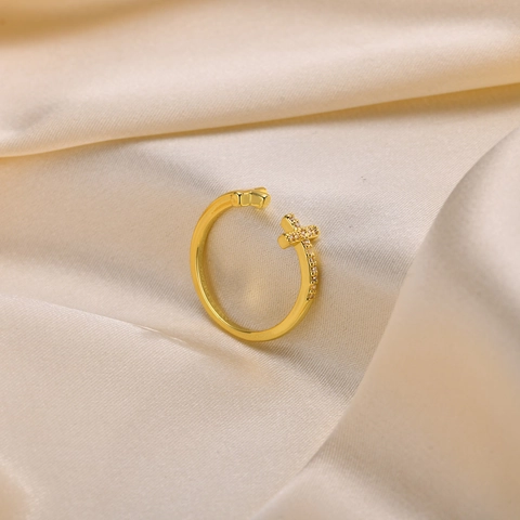 Mode Kupfer Doppelkreuz Offener Verstellbarer Ring Für Damen Vergoldet Zirkonia Eingelegt Minimalistischer Religiöser Schmuck