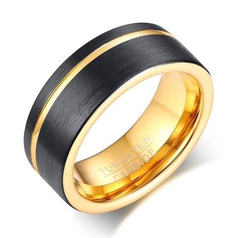 Tungsten Carbide Ring For Men Black Brushed Finish With Gold Groove Interior Polished Comfort Fit Wedding Band Fashion Jewelry
