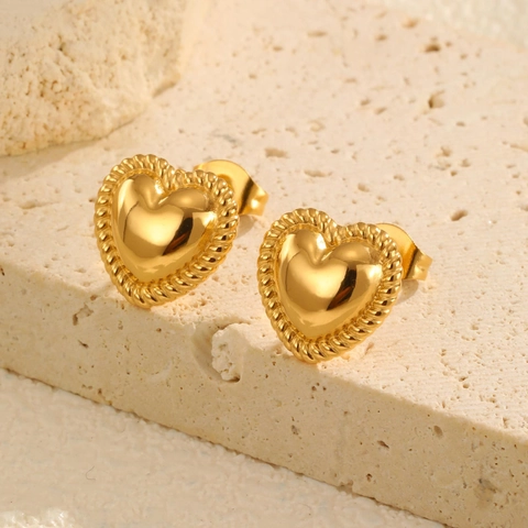 Vintage 18 Karat Vergoldete Messing Herz-Ohrstecker Für Damen Mit Edelstahl-Ohrringpfosten Gedrehtem Seilrand Schmuck