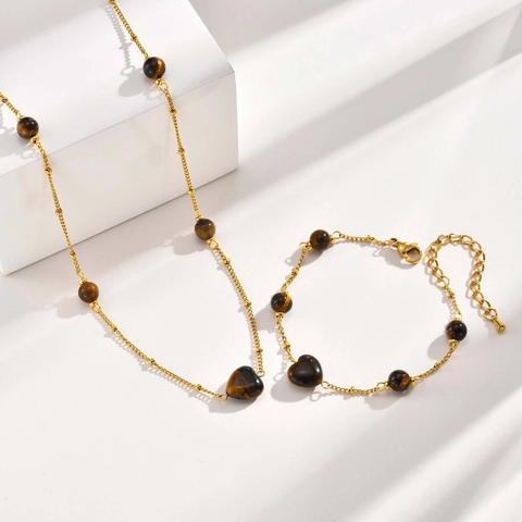 Parure de Bijoux Collier et Bracelet avec Pendentif Coeur en Acier Inoxydable et Oeil de Tigre pour Femme