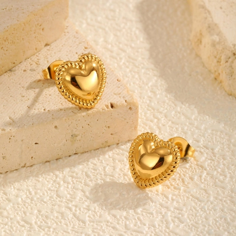 Vintage 18 Karat Vergoldete Messing Herz-Ohrstecker Für Damen Mit Edelstahl-Ohrringpfosten Gedrehtem Seilrand Schmuck