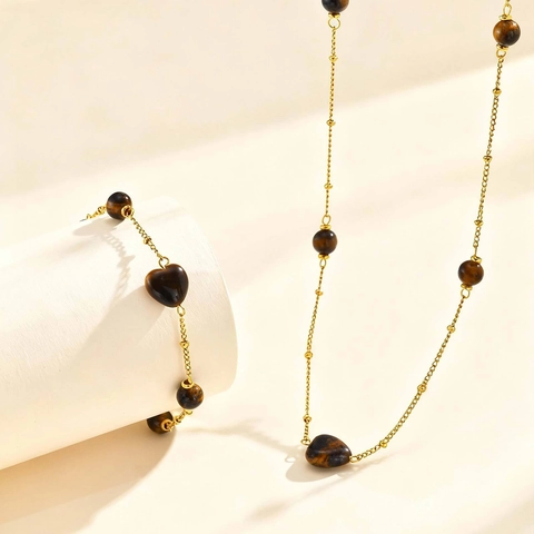 Parure de Bijoux Collier et Bracelet avec Pendentif Coeur en Acier Inoxydable et Oeil de Tigre pour Femme