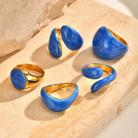 Minimalistisch Edelstahl Sommer Ozean Emaille Ring Geometrisch Irregulär Tropföl Vergoldet Mode Ringe Für Unisex