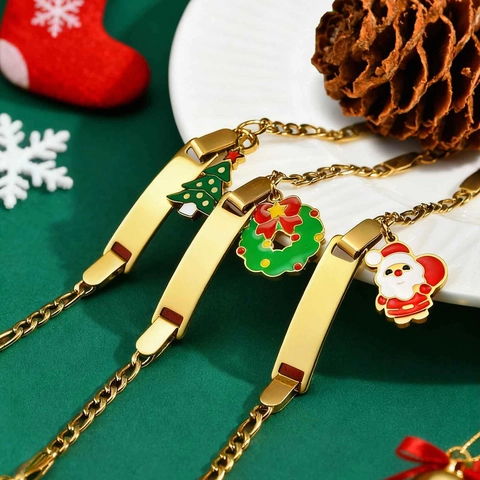 Pulsera de Identificación Ajustable de Acero Inoxidable para Mujeres Niños Chapado en Oro Navidad Papá Noel Árbol Guirnalda Joyería