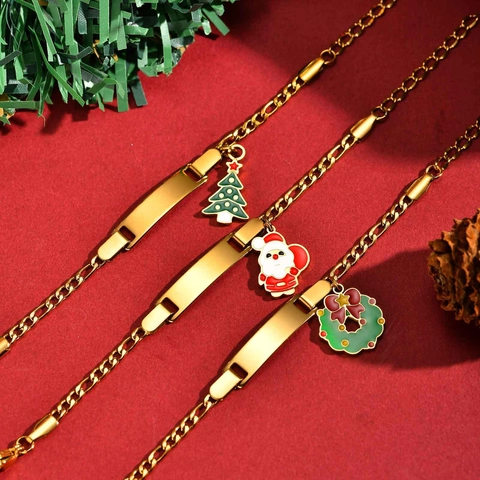 Pulsera de Identificación Ajustable de Acero Inoxidable para Mujeres Niños Chapado en Oro Navidad Papá Noel Árbol Guirnalda Joyería