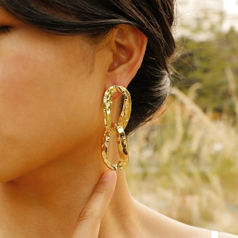 Orecchini Geometrici a Doppio Ovale in Rame Martellato alla Moda per Donna Con Perno in Argento Sterling 925 Gioielli Placcati Oro