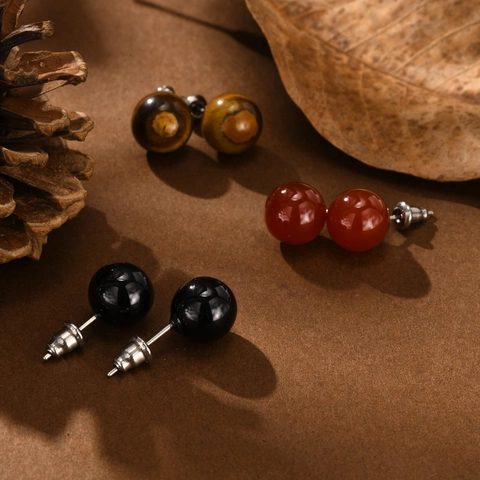 Natural Tiger Eye Stone Agate Round Bead Stud Earrings With 925 Sterling Silver Earring Post For Women Men Vintage Jewelry