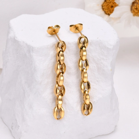 Pendientes Colgantes de Cadena de Cobre Chapado en Oro Con Poste de Plata de Ley 925 Joyería de Grano de Café Mujer