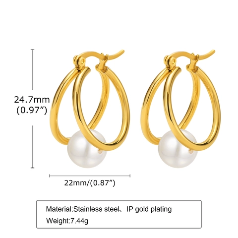 18K Vergoldete Messing Doppel-Creolen Mit Künstlicher Perle Edelstahl-Stift Geometrischer Schmuck Für Damen
