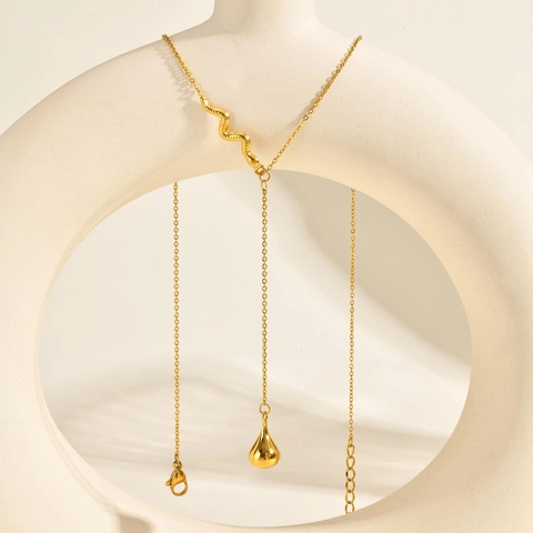 Collar en Y de Acero Inoxidable Chapado en Oro de 18K con Serpiente y Gota para Mujer Joyas Elegantes Minimalistas