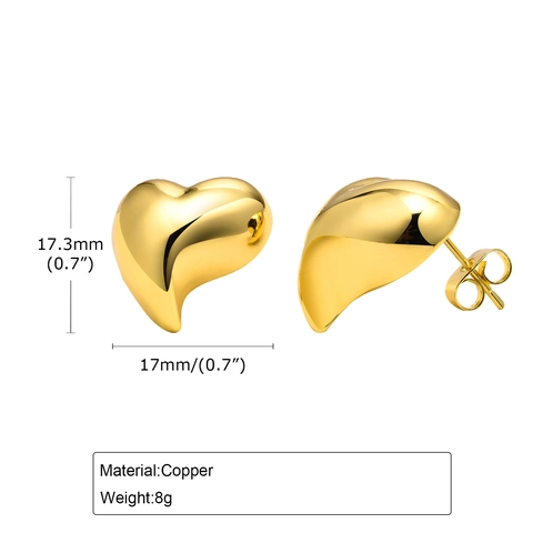 Heart Stud Earrings Gold Plated Copper With 925 Sterling Silver Earring Post Mirror Polished Minimalist Jewelry For Women
