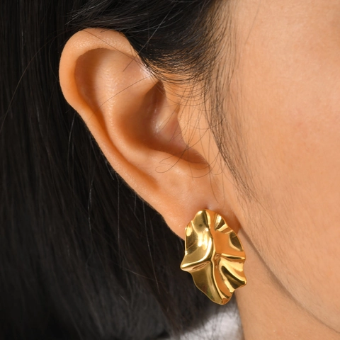 Elegant Copper Gold Plated Irregular Wrinkled Leaf Round Stud Earrings With 925 Sterling Silver Post For Women Modern Jewelry
