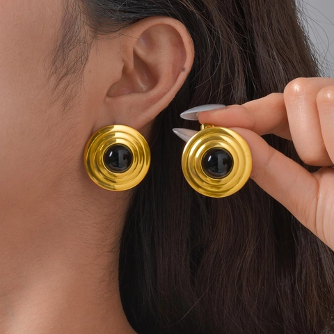 Vintage Round Black Agate Stud Earrings For Women 18K Gold Plated Brass Stainless Steel Post Fashion Commute Jewelry