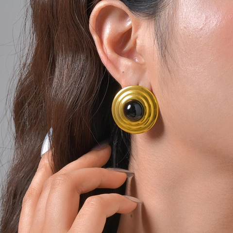 Vintage Round Black Agate Stud Earrings For Women 18K Gold Plated Brass Stainless Steel Post Fashion Commute Jewelry