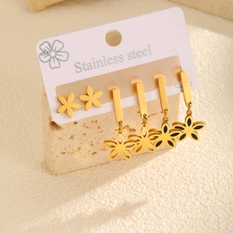 3 Pairs Stainless Steel Gold Flower Earring Set For Women Elegant Floral Stud And Dangle Earrings Jewelry Gift Accessories