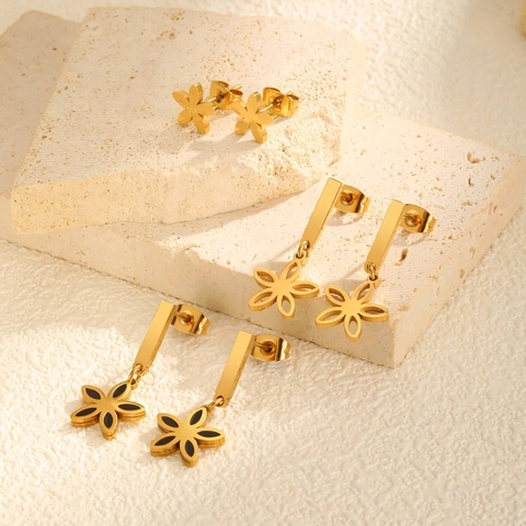 3 Pairs Stainless Steel Gold Flower Earring Set For Women Elegant Floral Stud And Dangle Earrings Jewelry Gift Accessories