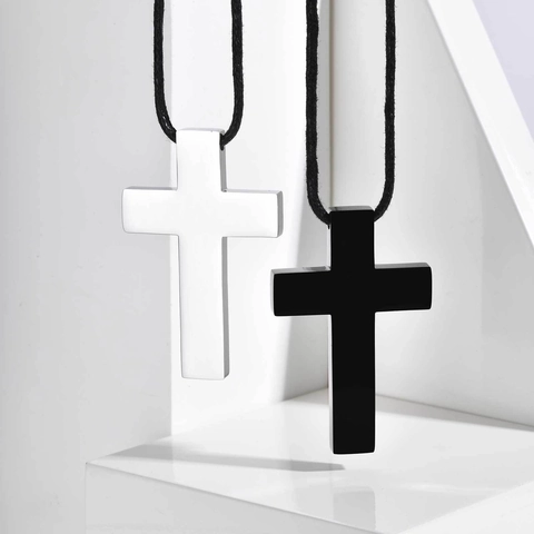 Collar con Colgante de Cruz de Acero Inoxidable Cuerda de Cera Negra Ajustable Joyería Religiosa Simple Unisex