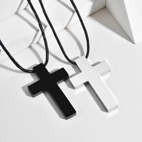 Collar con Colgante de Cruz de Acero Inoxidable Cuerda de Cera Negra Ajustable Joyería Religiosa Simple Unisex