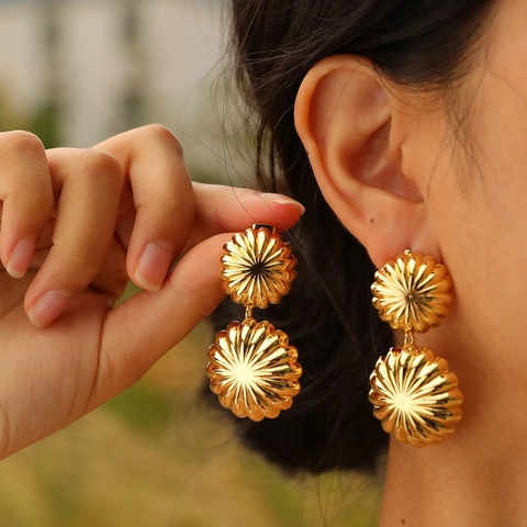 Vintage Doppel Layer Radial Blume Ohrhänger Für Damen Kupfer Gold Plattiert Schmuck 925 Sterling Silber Stift Geometrisch